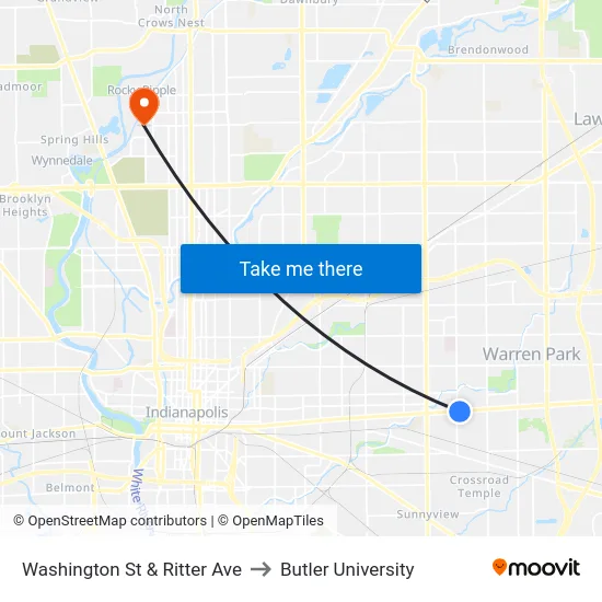 Washington St & Ritter Ave to Butler University map