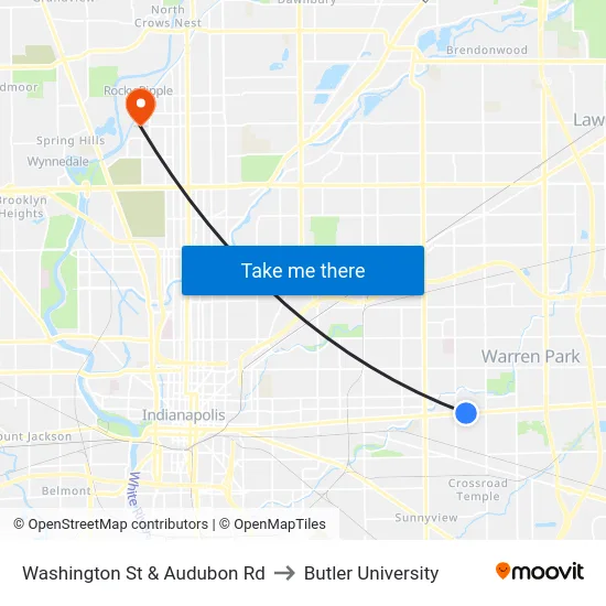 Washington St & Audubon Rd to Butler University map