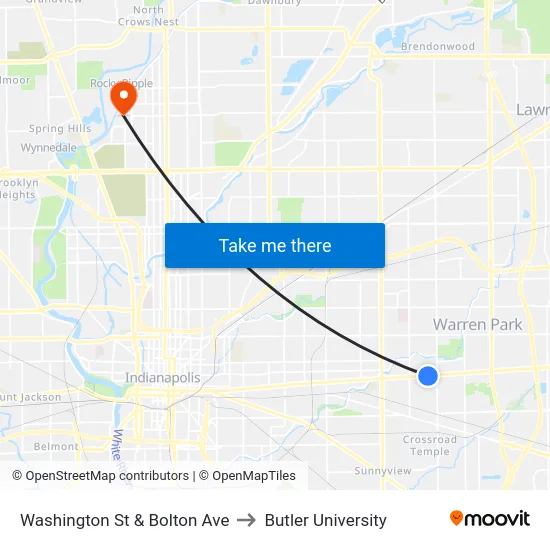 Washington St & Bolton Ave to Butler University map