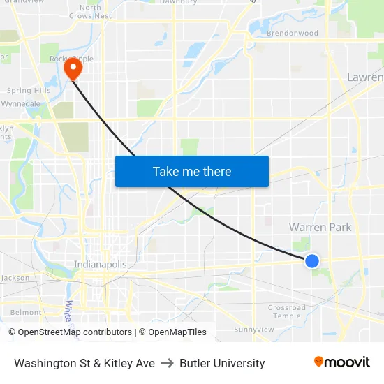 Washington St & Kitley Ave to Butler University map