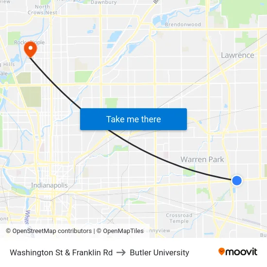 Washington St & Franklin Rd to Butler University map
