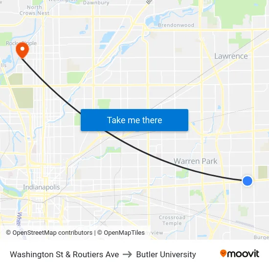 Washington St & Routiers Ave to Butler University map