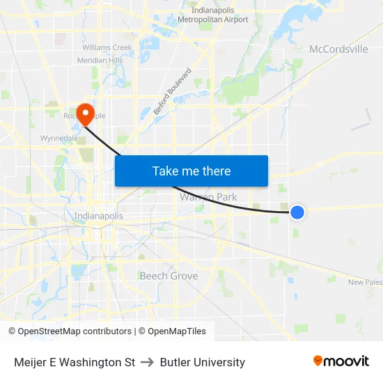 Meijer E Washington St to Butler University map