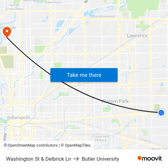 Washington St & Delbrick Ln to Butler University map