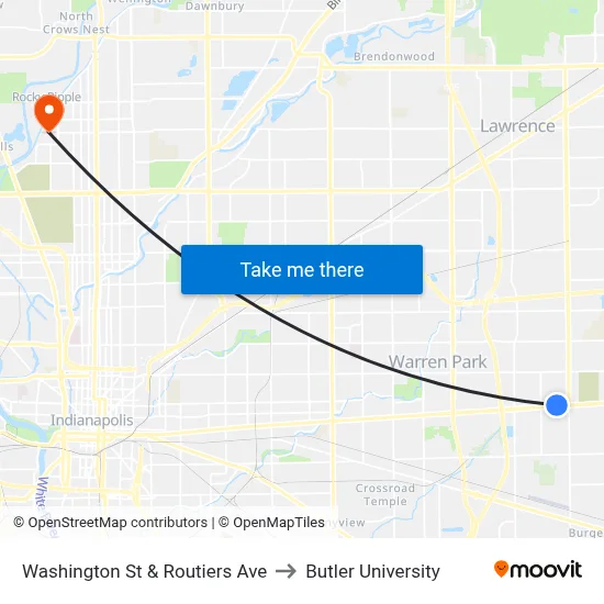 Washington St & Routiers Ave to Butler University map