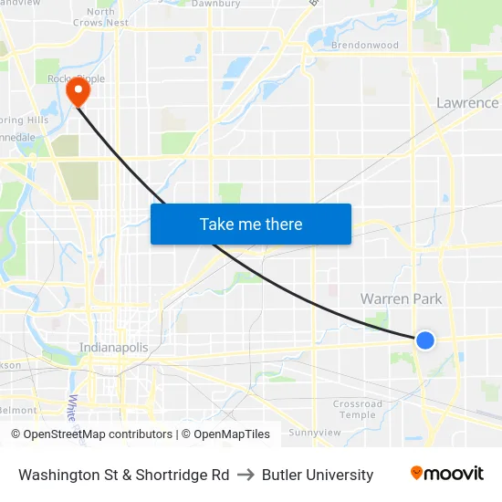 Washington St & Shortridge Rd to Butler University map