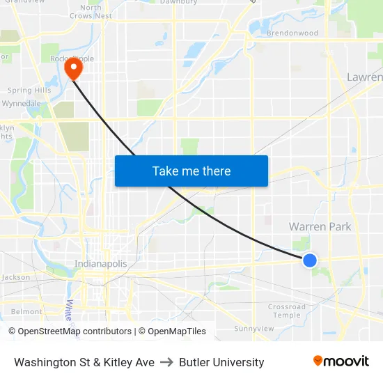 Washington St & Kitley Ave to Butler University map