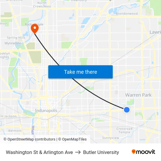 Washington St & Arlington Ave to Butler University map
