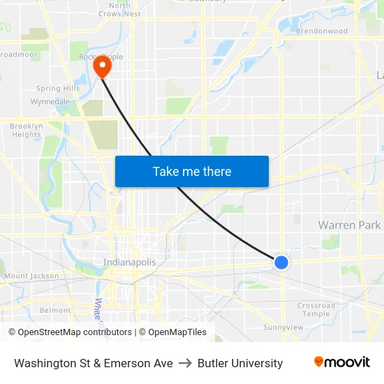 Washington St & Emerson Ave to Butler University map