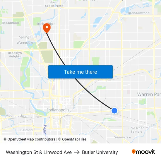 Washington St & Linwood Ave to Butler University map
