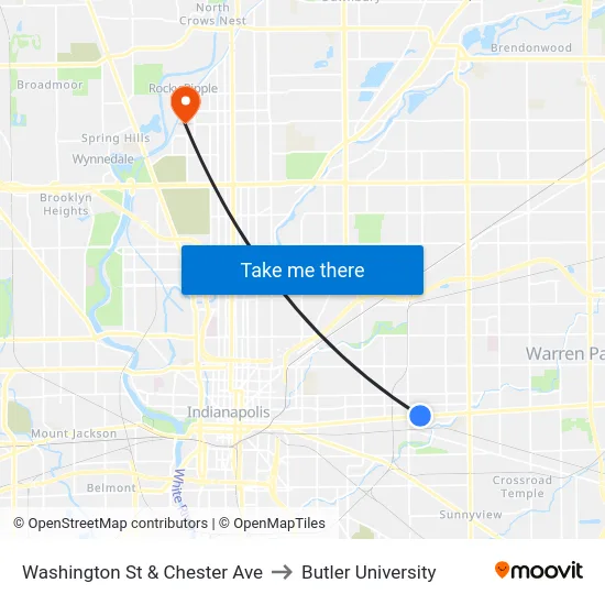 Washington St & Chester Ave to Butler University map