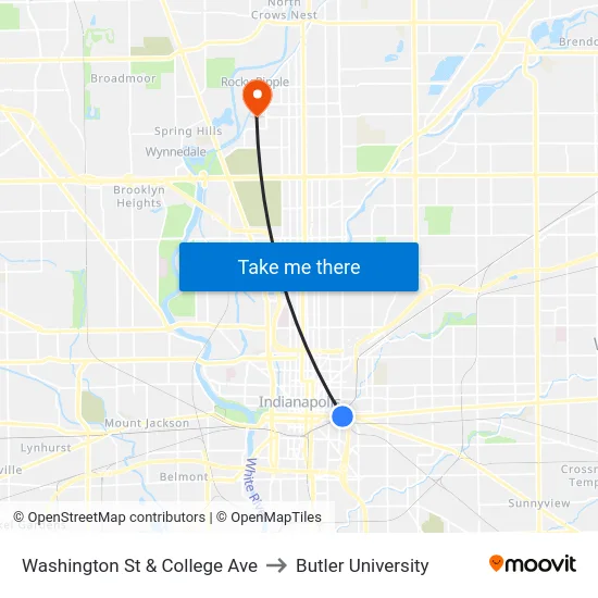 Washington St & College Ave to Butler University map