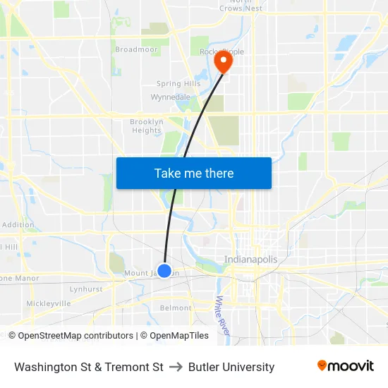 Washington St & Tremont St to Butler University map