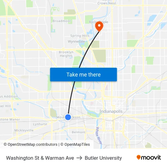 Washington St & Warman Ave to Butler University map