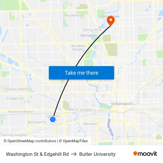 Washington St & Edgehill Rd to Butler University map