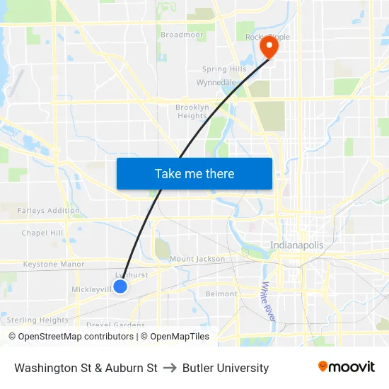 Washington St & Auburn St to Butler University map