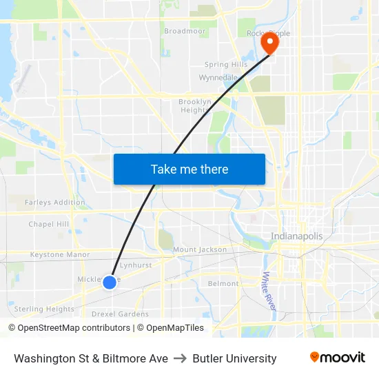 Washington St & Biltmore Ave to Butler University map