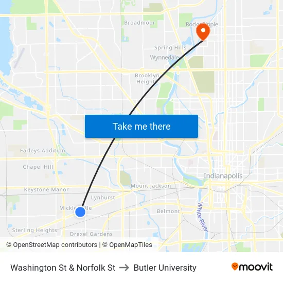 Washington St & Norfolk St to Butler University map