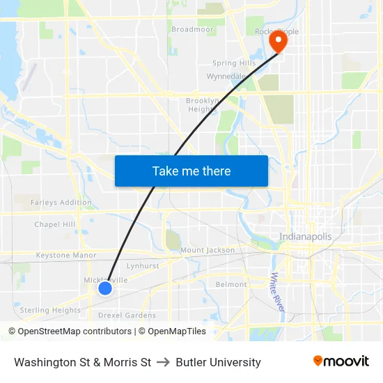 Washington St & Morris St to Butler University map