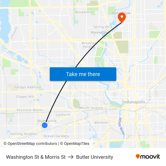 Washington St & Morris St to Butler University map