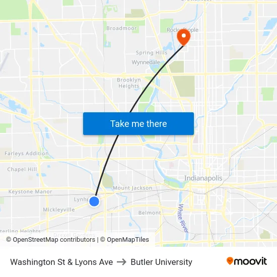 Washington St & Lyons Ave to Butler University map