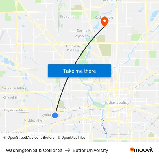 Washington St & Collier St to Butler University map