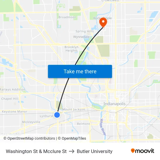 Washington St & Mcclure St to Butler University map