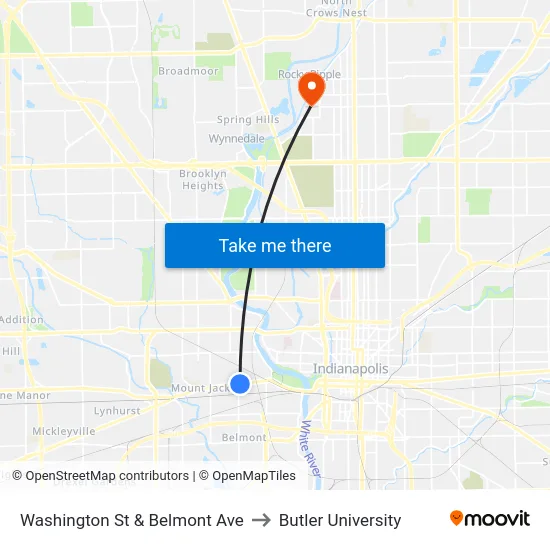 Washington St & Belmont Ave to Butler University map