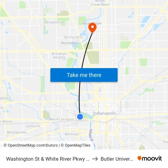Washington St & White River Pkwy W Dr to Butler University map
