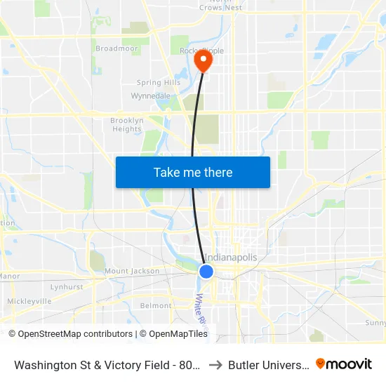 Washington St & Victory Field - 800 W to Butler University map
