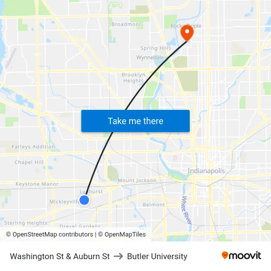 Washington St & Auburn St to Butler University map