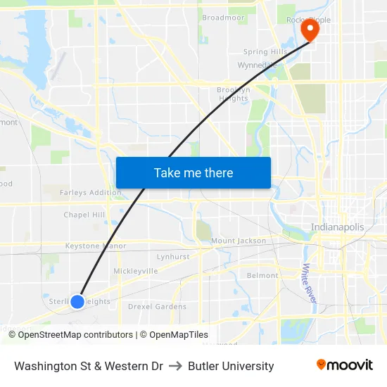 Washington St & Western Dr to Butler University map