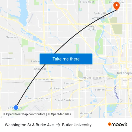 Washington St & Burke Ave to Butler University map