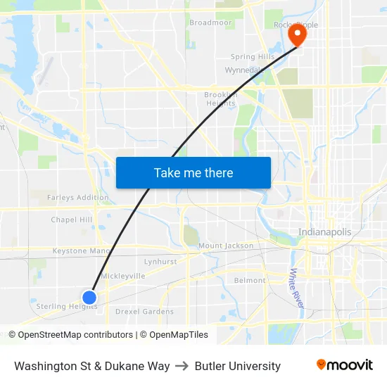 Washington St & Dukane Way to Butler University map