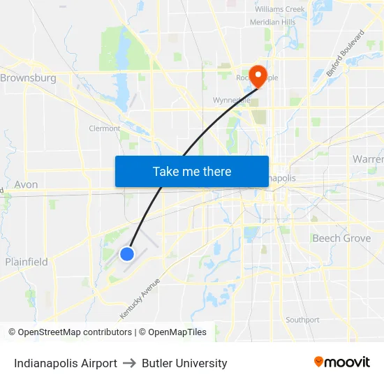 Indianapolis Airport to Butler University map