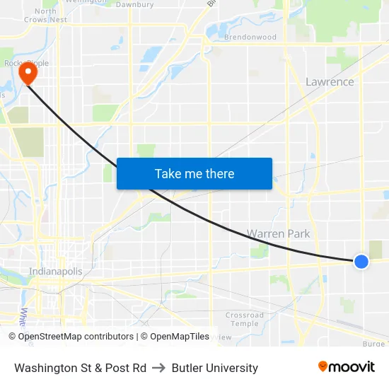 Washington St & Post Rd to Butler University map
