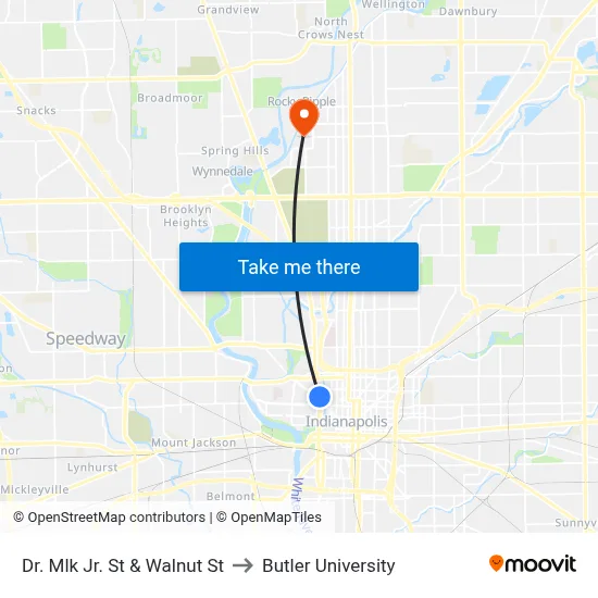 Dr. Mlk Jr. St & Walnut St to Butler University map