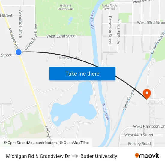 Michigan Rd & Grandview Dr to Butler University map