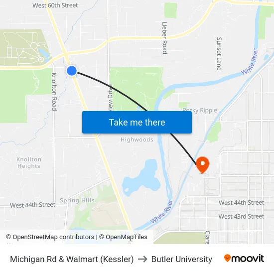 Michigan Rd & Walmart (Kessler) to Butler University map