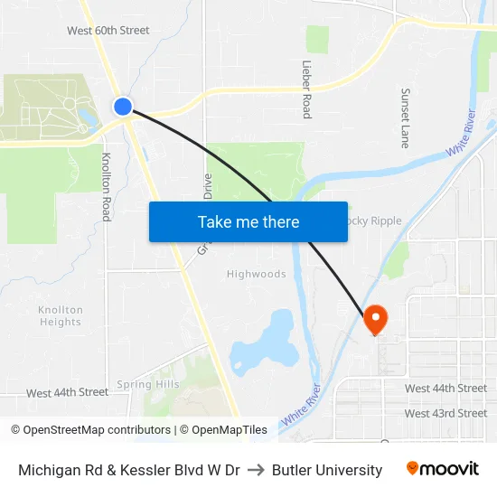 Michigan Rd & Kessler Blvd W Dr to Butler University map