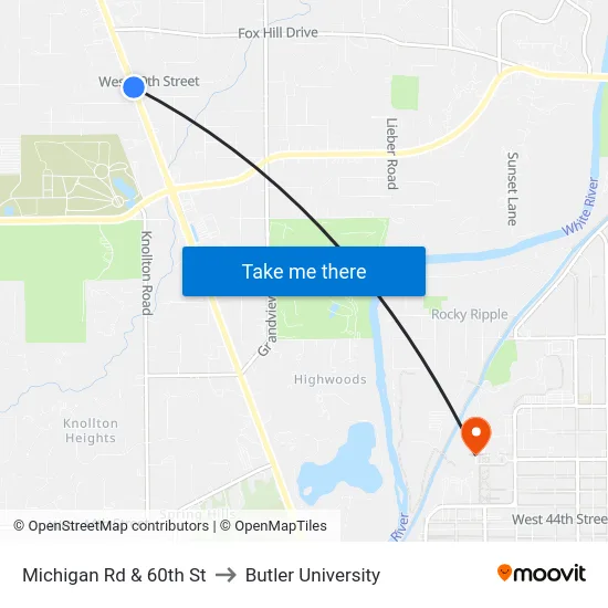Michigan Rd & 60th St to Butler University map