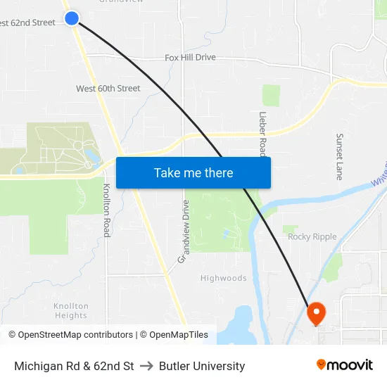 Michigan Rd & 62nd St to Butler University map