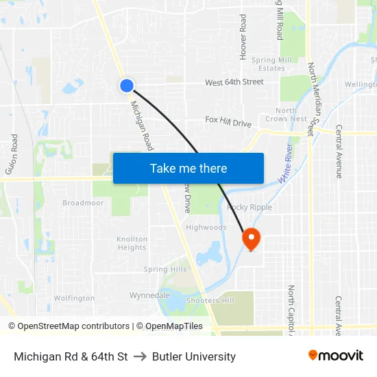 Michigan Rd & 64th St to Butler University map