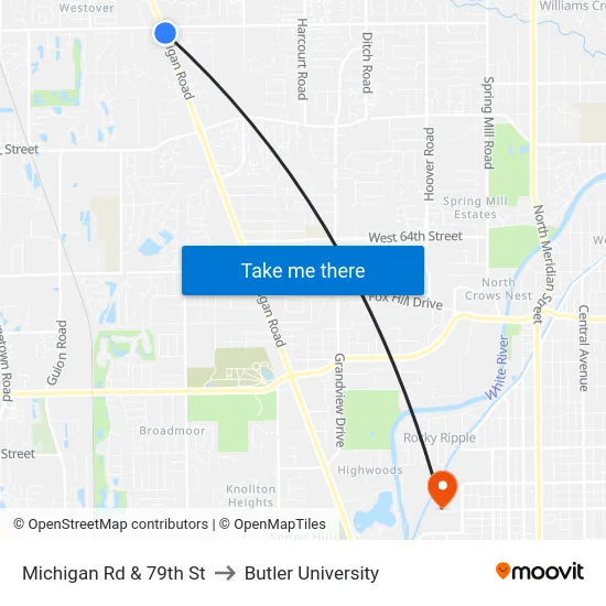 Michigan Rd & 79th St to Butler University map