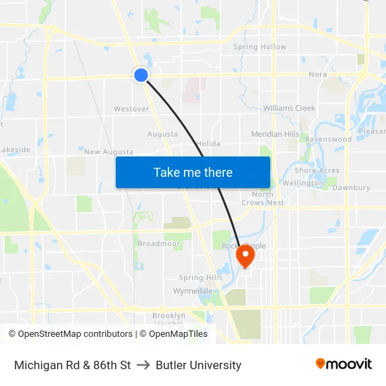 Michigan Rd & 86th St to Butler University map