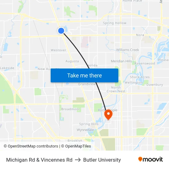Michigan Rd & Vincennes Rd to Butler University map