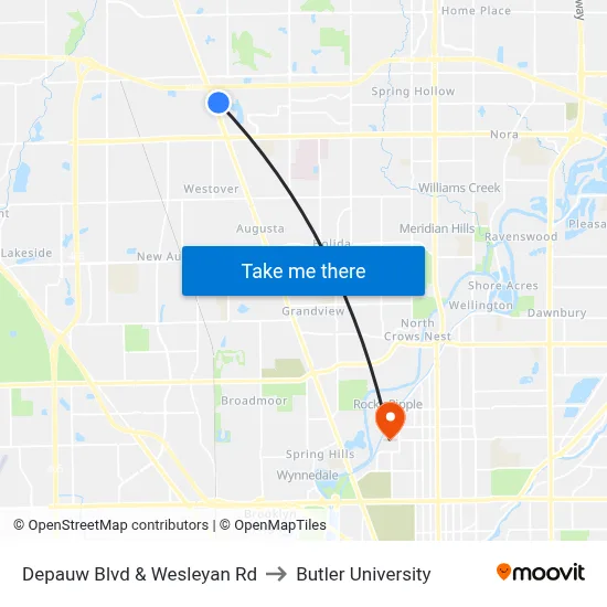 Depauw Blvd & Wesleyan Rd to Butler University map
