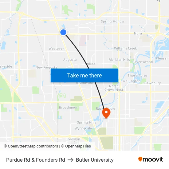 Purdue Rd & Founders Rd to Butler University map