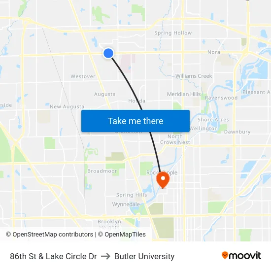 86th St & Lake Circle Dr to Butler University map
