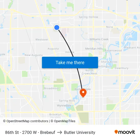 86th St - 2700 W - Brebeuf to Butler University map